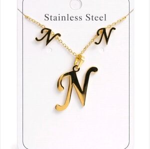 Gold Tone Stainless Steel Monogram Letter "N" Earring And Necklace Set